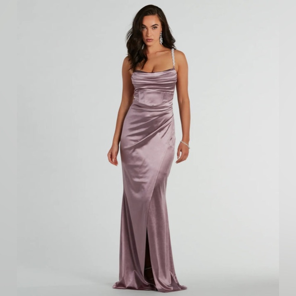 Windsor Lavender Sam Faux Pearl Strap Mermaid Satin Formal Dress